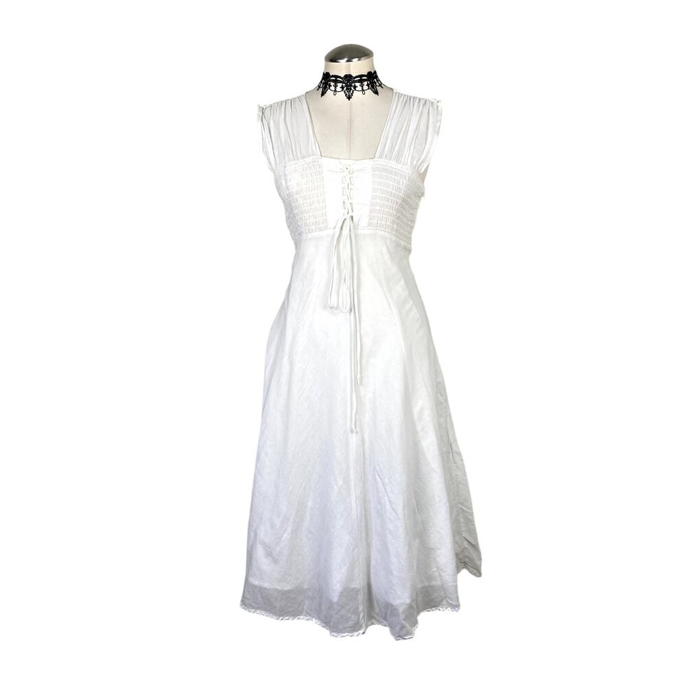 Derek Heart Y2K White LaceUp Ruched Peasant Victorian Summer Coquette Midi Dress
